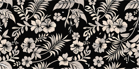 Floral pattern with hibiscus flowers and tropical leaves on a black background creating a seamless design