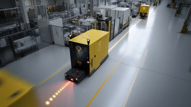 A tugger train equipped with sensors and cameras moving through an assembly area illustrating how technology enhances operational efficiency in material handling.
