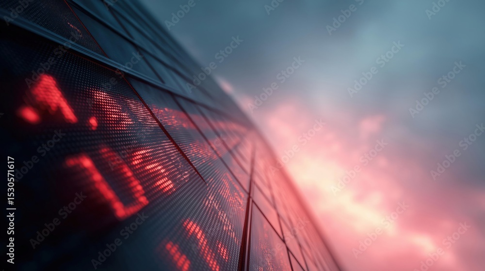 Poster close-up of a digital display on the side of a building. the display is made up of red led lights th