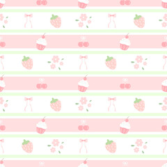 Flowers Cupcake Cherry strawberry  bow on white background, pink and green lines, fabric pattern, gift wrapping paper, seamless pattern 