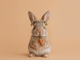 Fototapeta premium Adorable Easter Bunny with a Flower Crown Holding a Carrot on a Peach Background.