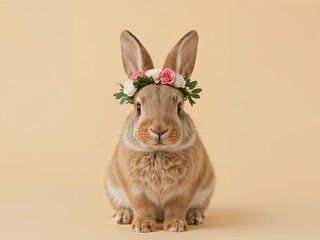 Obraz premium Adorable Rabbit Wearing a Flower Crown, Easter Bunny with Floral Decoration.