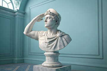 Marble bust of a Roman-style soldier saluting in neoclassical museum interior with soft teal walls and arched window light