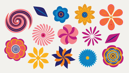 Collection of vibrant floral elements and leaf shapes in varied colors and designs arranged together