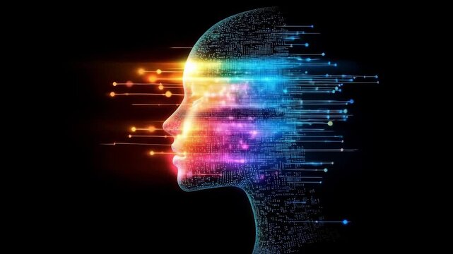 A profile of a female digital face merging with vibrant data streams against black background illustrating technology and creativity
