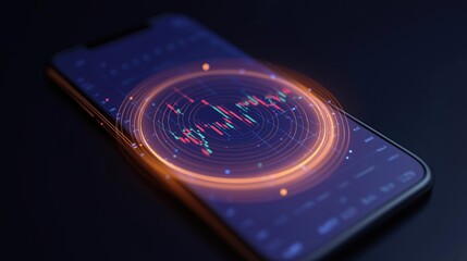 Close-up of a smartphone screen with a colorful abstract design on it. the design is a circular pattern with multiple lines and dots in different colors, creating a sense of depth and dimension.