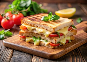 A juicy grilled cheese sandwich with melted cheese and fresh vegetables on a wooden cutting board