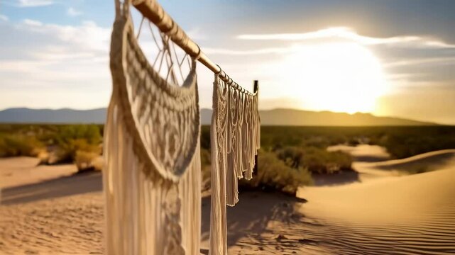 Artistic display of handcrafted macrame textile art hanging on rod in desert landscape at sunset casting shadows, showcasing decorative ethnic design and boho vibe