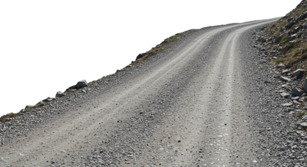 Gravel road adventure travel scenic mountain pass isolated on a transparent background. Winding gravel country road perspective