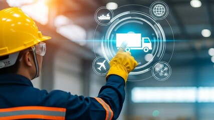 Individual wearing safety helmet and gloves is engaging with digital interface showcasing logistics icons. integration of technology in warehouse management and evolution of transportation systems - Powered by Adobe