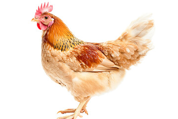 Fototapeta premium Side view of a light brown hen with red comb, isolated on transparent background, poultry farm animal, rustic, feathers, agriculture