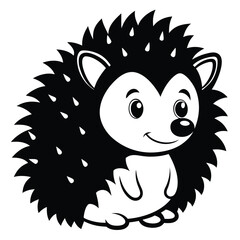 Cartoon hedgehog with monochrome spikes and a happy face stands isolated on white