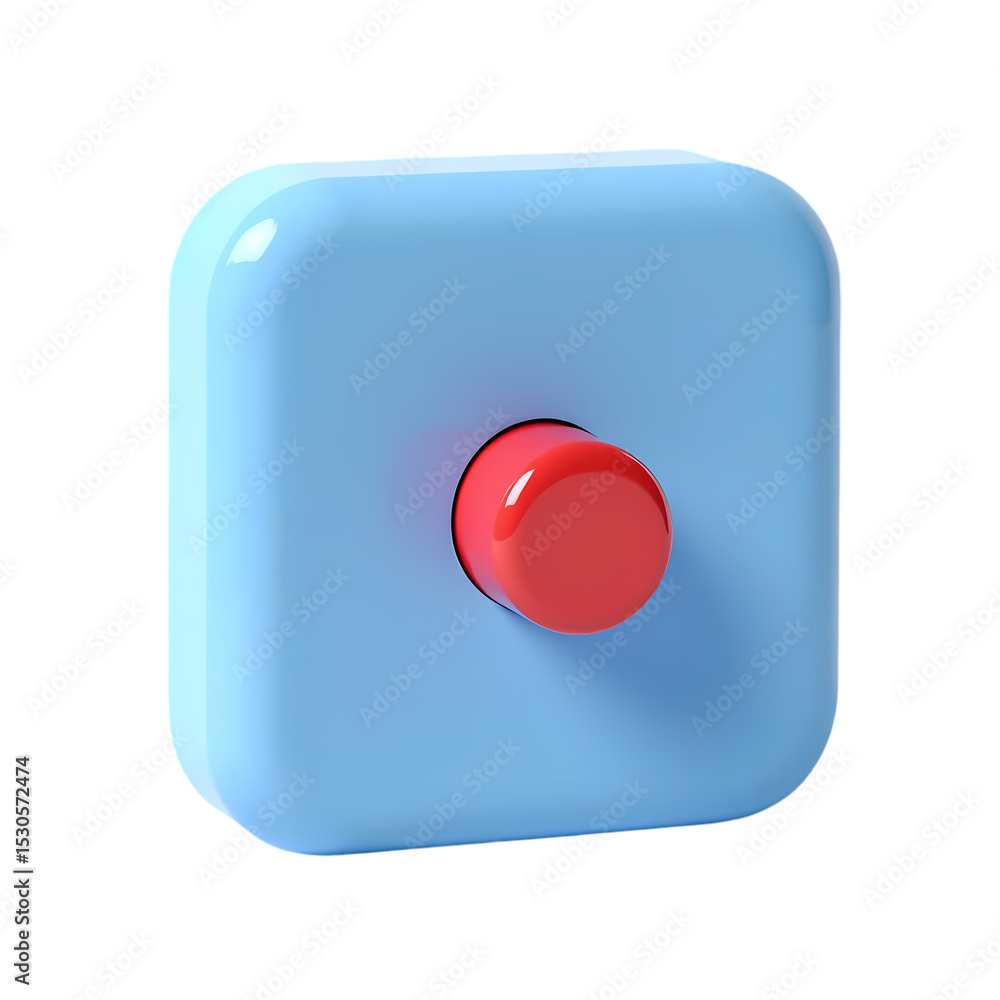 Aufkleber close up of a blue square with a red button in the center isolated on white background