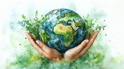 Environmental protection concept watercolor style illustration with hands holding a green globe, soft blue and green colors blending into a symbolic environmental poster.