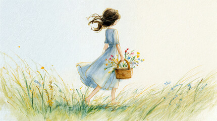 Watercolor-style illustration of a girl in a flowing dress walking through golden wheat fields, carrying a flower basket. Peaceful and poetic countryside vibe