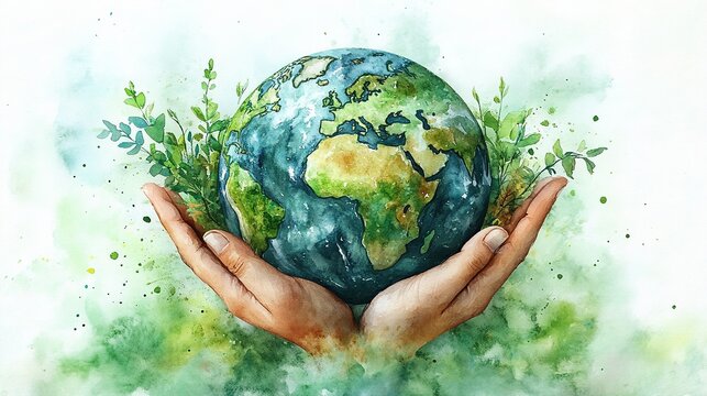 Environmental protection concept watercolor style illustration with hands holding a green globe, soft blue and green colors blending into a symbolic environmental poster.