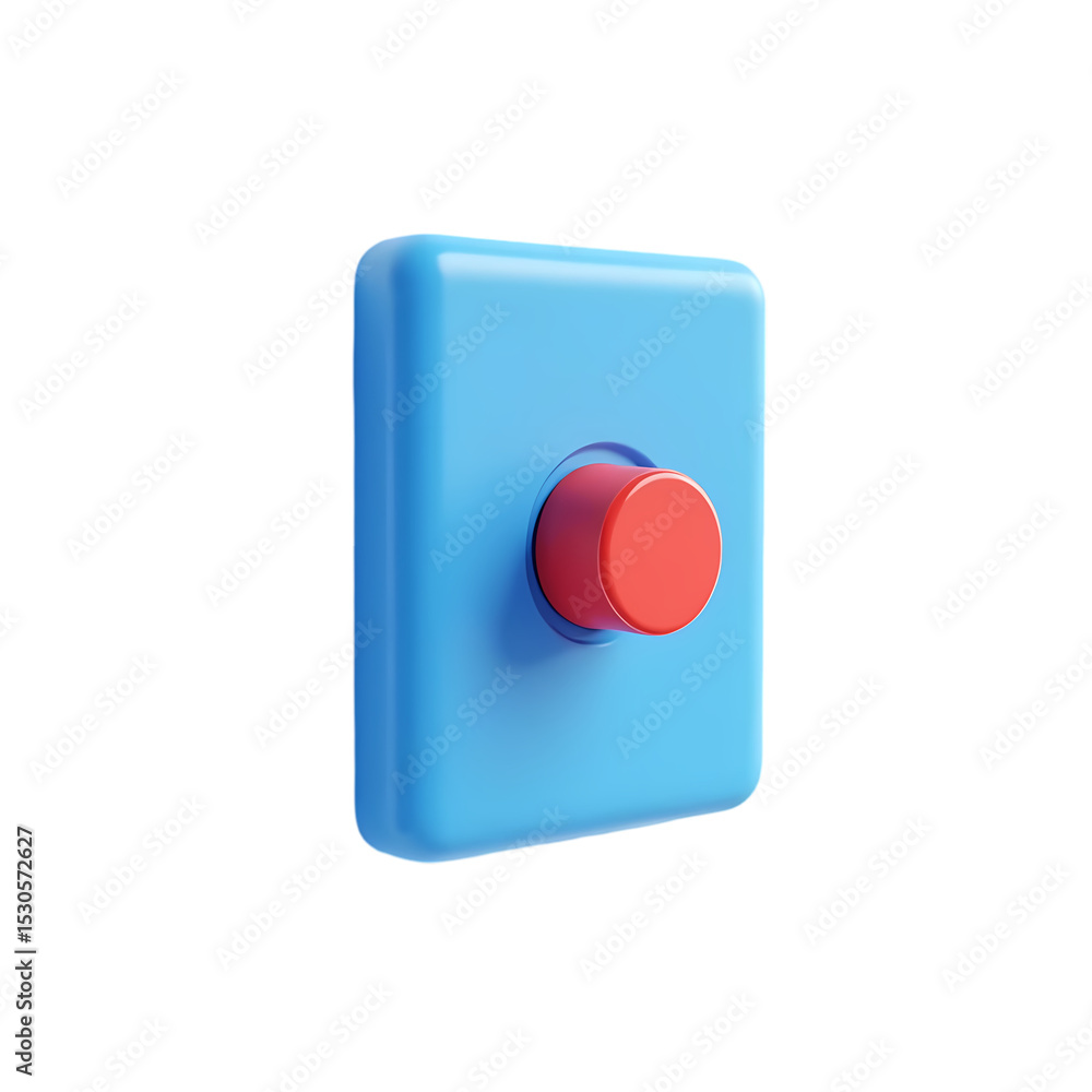 Fototapete a rendered image of a blue square with a red circular button isolated on white background