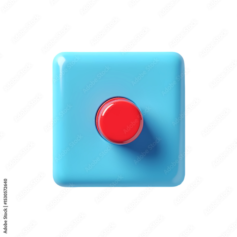 Poster a blue square with a red circular button in the center view isolated on white background