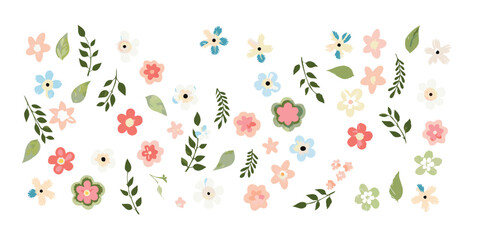 Assorted watercolor flowers and leaves scattered on a white background creating a floral pattern design