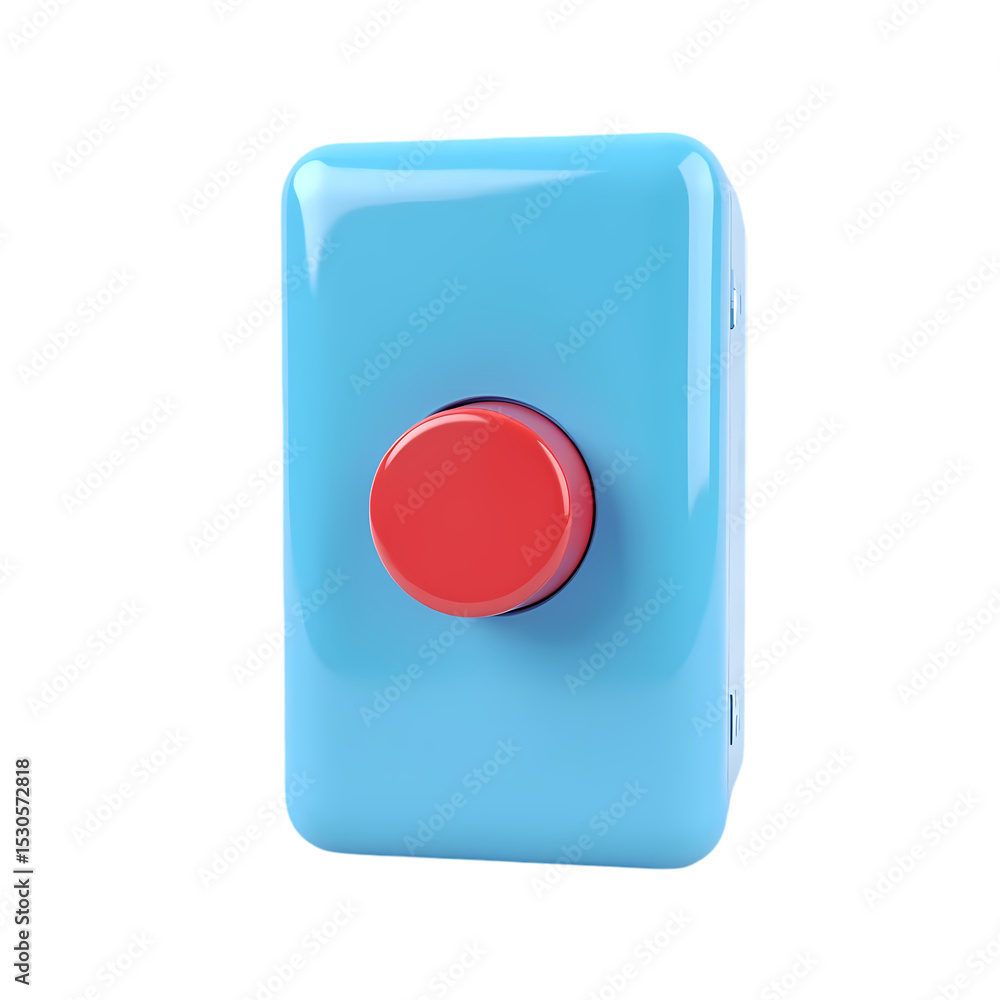 Poster a blue box with a red button in the middle of the object isolated on white background
