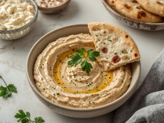 Creamy Hummus with Olive Oil and Fresh Parsley Topped with Fresh Baked Naan Bread.