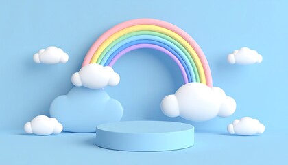 Pastel Rainbow with Clouds  Podium on Blue Perfect Background for Products or Events.