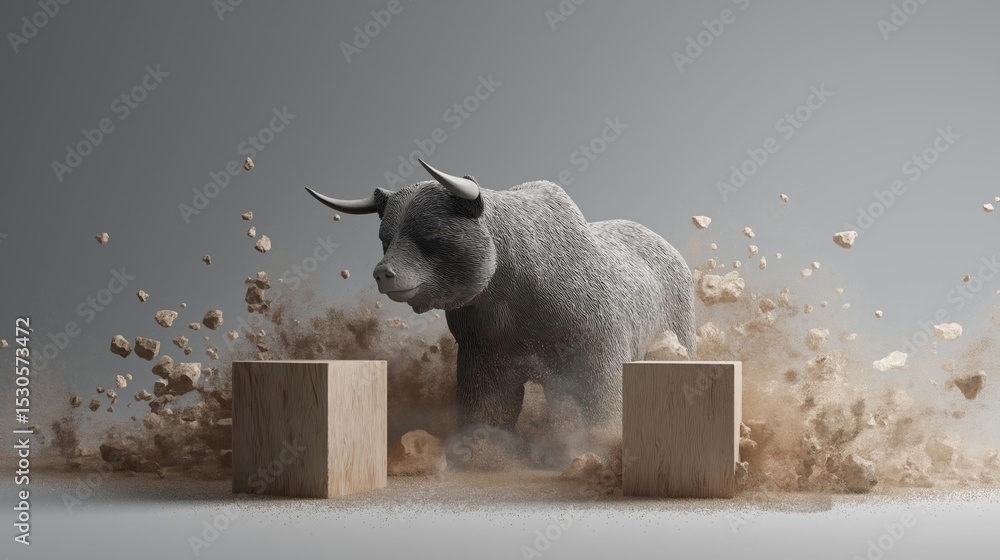 Aufkleber digital illustration of a bull standing on two wooden blocks. the bull is facing towards the right s