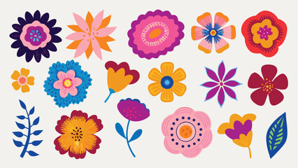 Collection of colorful hand drawn flowers and leaves in various shapes and sizes arranged on a white background