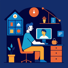 A worker comfortably working from their home office, with a virtual meeting ongoing in the background.