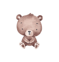 Cute little bear hand drawn with watercolor. Gender neutral illustration. For baby showers cards, invitations, scrapbooking, banners