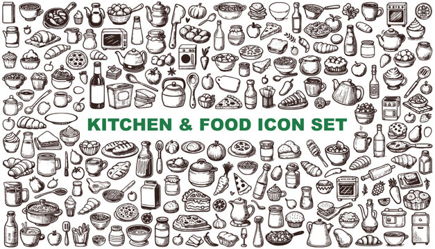 Hand-drawn doodle pack of Kitchen. Food items in outline vector style