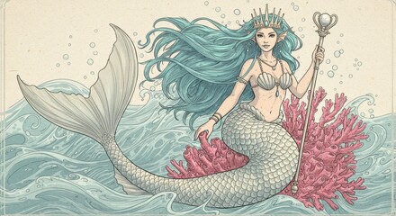 Mermaid Queen Seated on Coral in Line Art Style