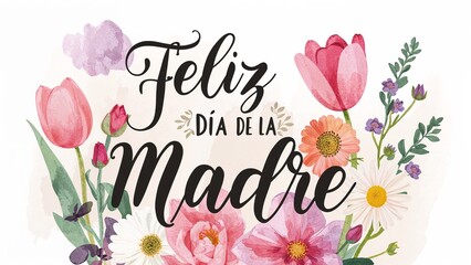 Happy Mothers Day Spanish Card with Watercolor Flowers