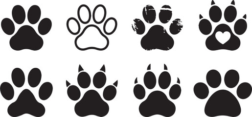 Fototapeta premium Animal dog or cat paw footprint silhouette vector icon set