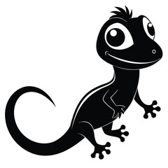 Cartoonish gecko smiles showing big eyes and spiky hair in a black vector