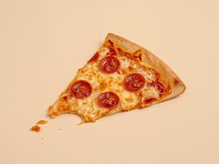 Delicious Pepperoni Pizza Slice with a Bite Taken Out, Isolated on a Beige Background.