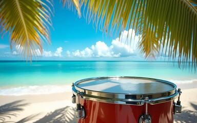 Vibrant colors and lively rhythms fill the air as a steel drum sits prominently on a sun-kissed Caribbean beach, surrounded by palm fronds and turquoise waters. High quality