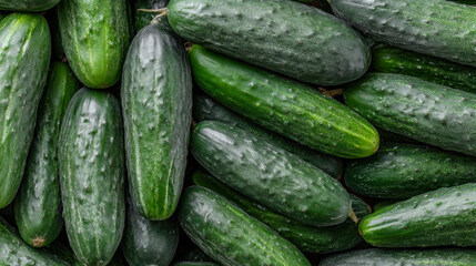 Fresh green cucumbers arranged in a vibrant flat lay with realistic textures