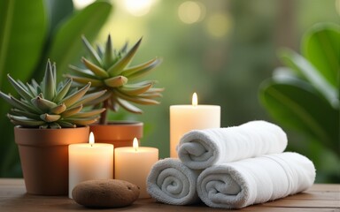 Spa towels with candles and plants promoting nature-inspired wellness and calming rhythms. High quality