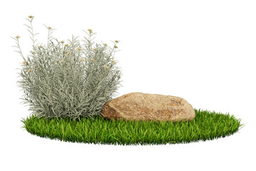 Rock surrounded by green grass and a silver bush.