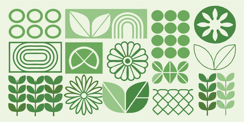 Botanical pattern with leaves circles rainbow and floral elements in shades of green aesthetic design