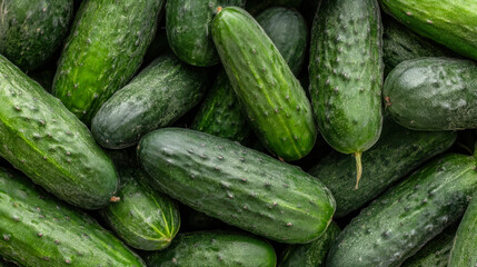 Fresh green cucumbers scattered naturally across a vibrant background
