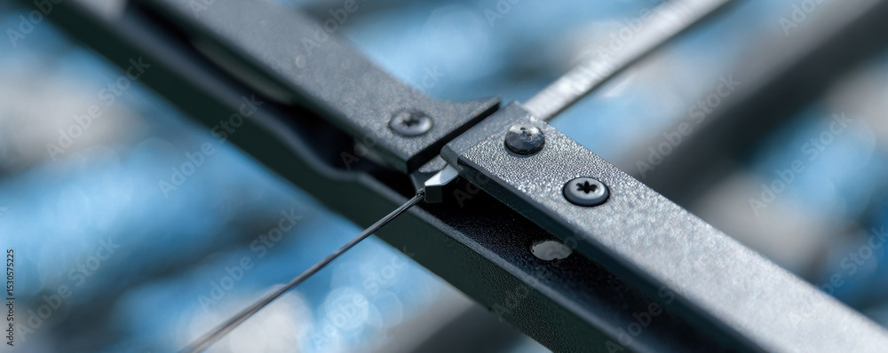 Poster closeup of precision alignment mechanism showcasing sleek metal structure with wire, emphasizing cra