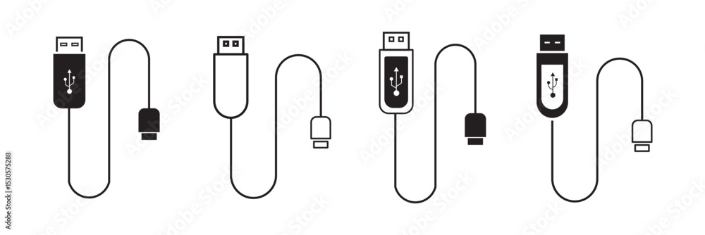 Poster usb cable icons vector set in stroke line style