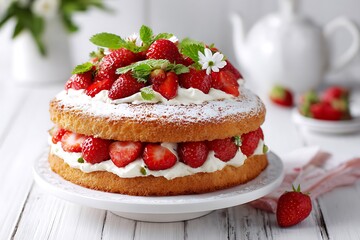 Delicious strawberry sponge cake on rustic wooden table