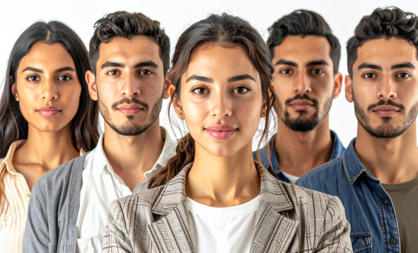 Un grupo de personas formando equipo de trabajo o empresa con una mujer directora  al frente