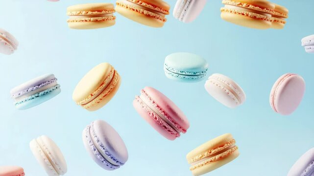 Colorful macarons drift gracefully against a clear blue background, creating a whimsical dessert display