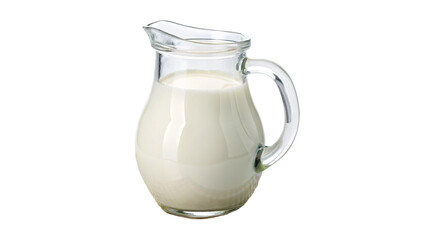 Clear glass milk pitcher filled with fresh dairy milk for healthy breakfast drink and recipe ideas
