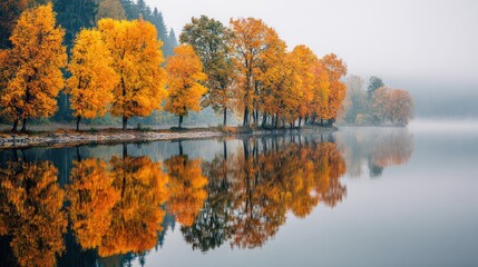 Calm autumn lake with perfect reflection of golden maple trees, mirror-like water surface, soft morning mist above the lake, peaceful and symmetrical composition