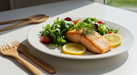 Freshly Grilled Salmon Fillet with Mixed Greens and Cherry Tomatoes on a White Plate in Bright Natural Light